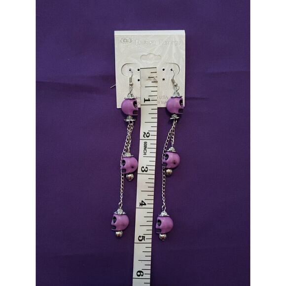 Purple Skull Long Dangle Earrings Halloween Bikercore Punkcore Rocker Goth Boho - Picture 2 of 5